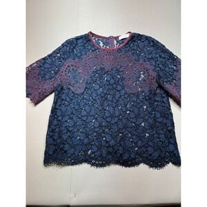 Sandro Paris Navy Blue Guipure Lace Burgundy Embroidered Short Sleeve Blouse